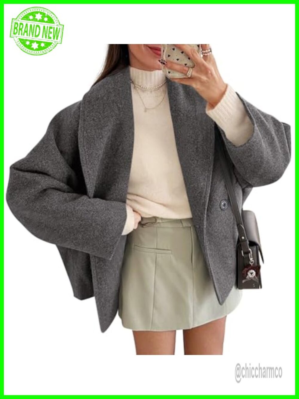 Wool Blend Cropped Pea Coat Double Breasted Women's Oversized Jacket Winter